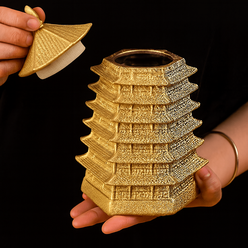 Théièrea | Boite à thé céramique pagode dorée style chinois