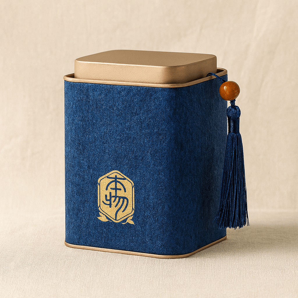 Théièrea | Boite à thé métal habillée tissu pompon Bleu