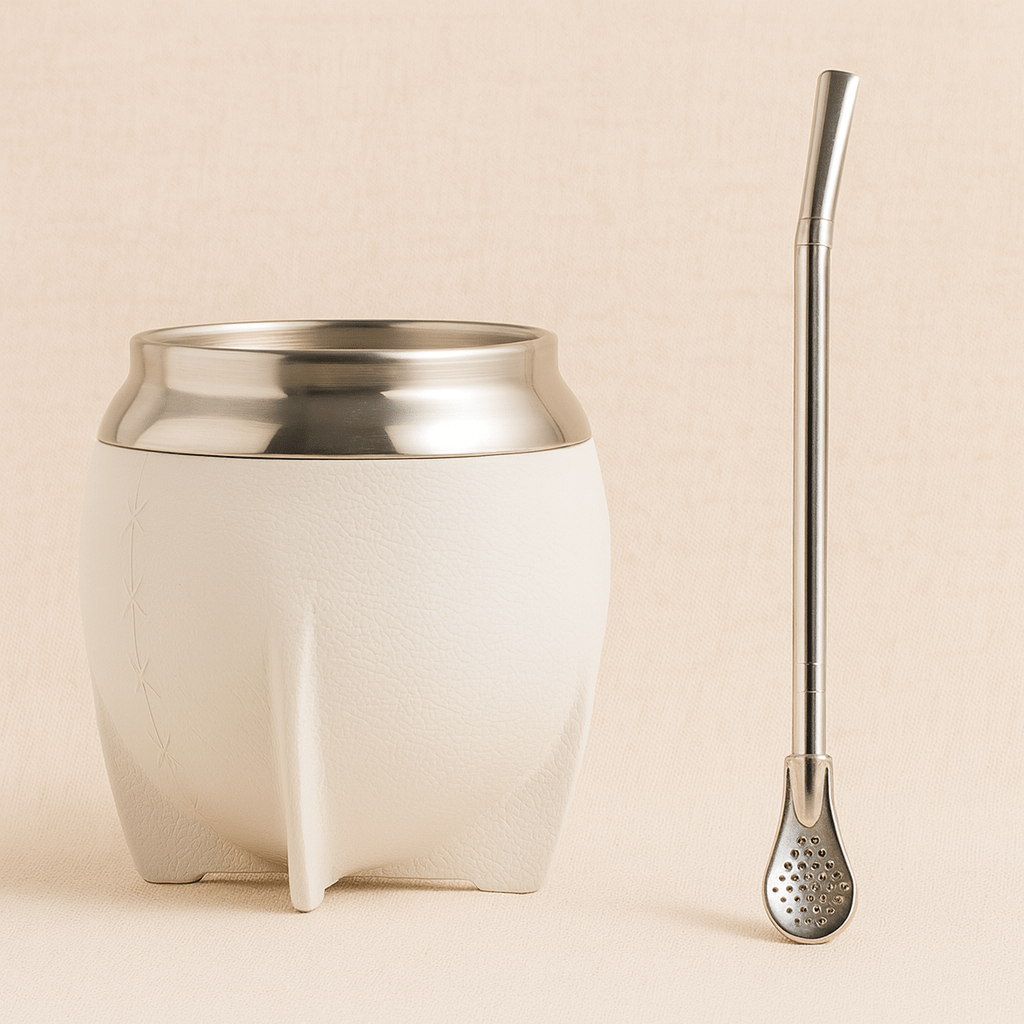 Théièrea | Kit maté inox isolant 280 ml avec bombilla et effet cuir Blanc