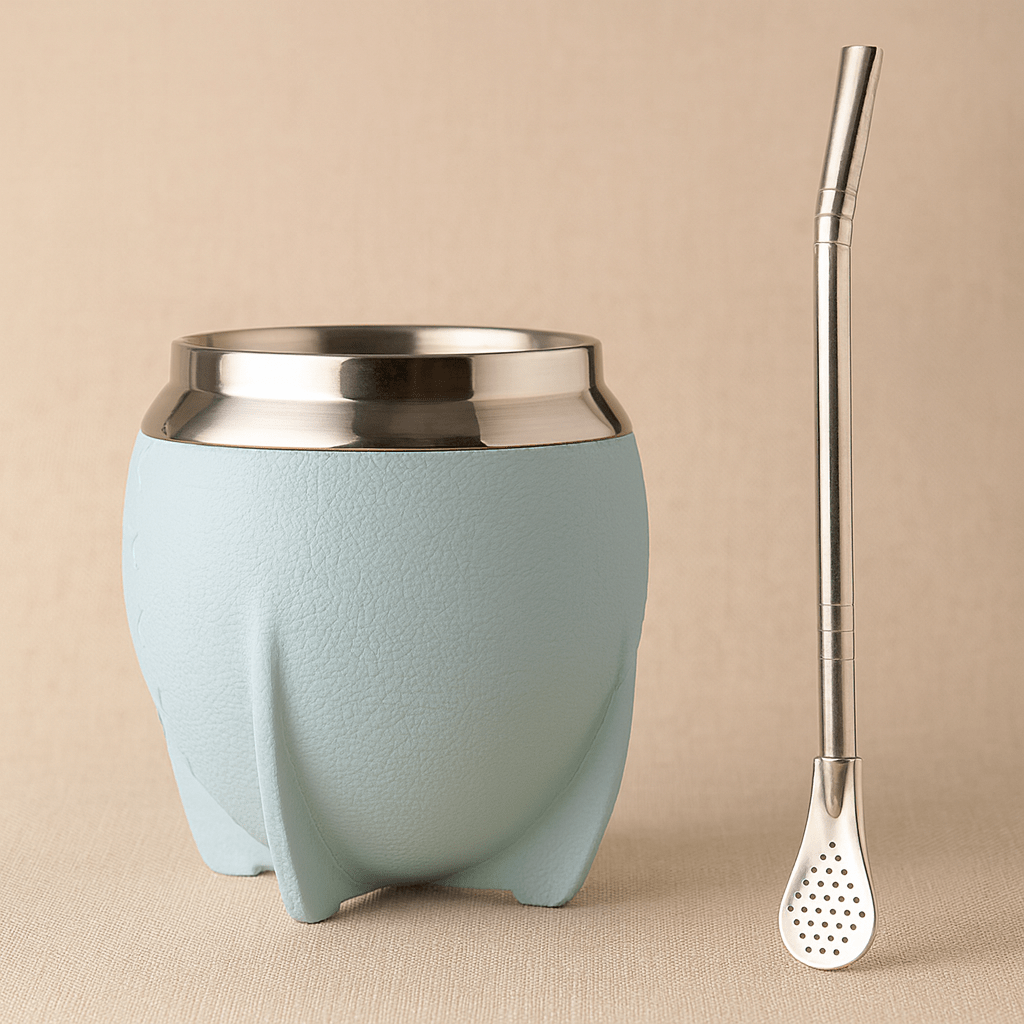 Théièrea | Kit maté inox isolant 280 ml avec bombilla et effet cuir Bleu
