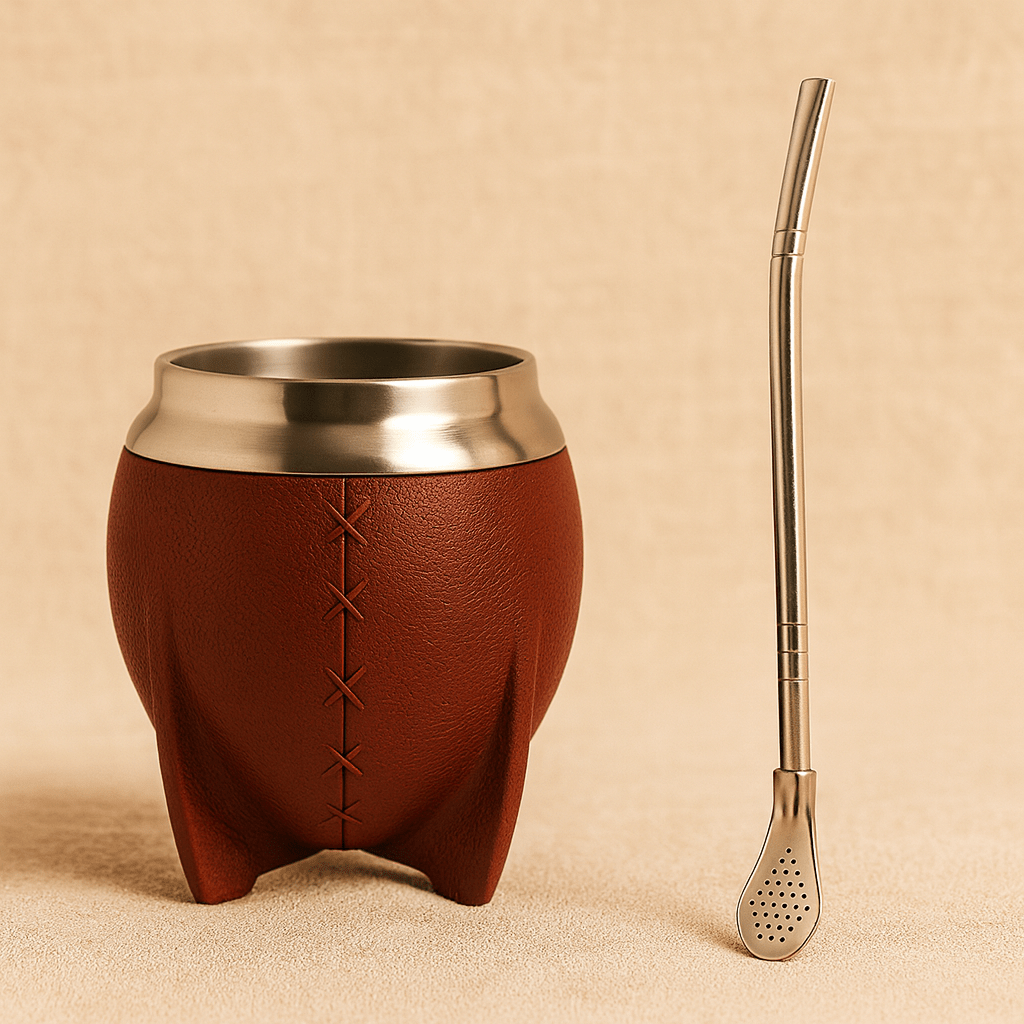 Théièrea | Kit maté inox isolant 280 ml avec bombilla et effet cuir Marron