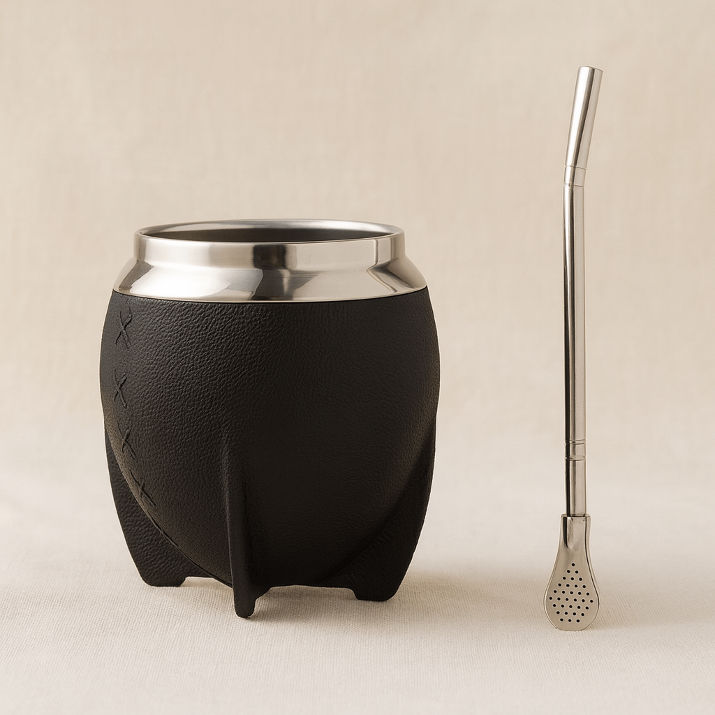 Théièrea | Kit maté inox isolant 280 ml avec bombilla et effet cuir Noir