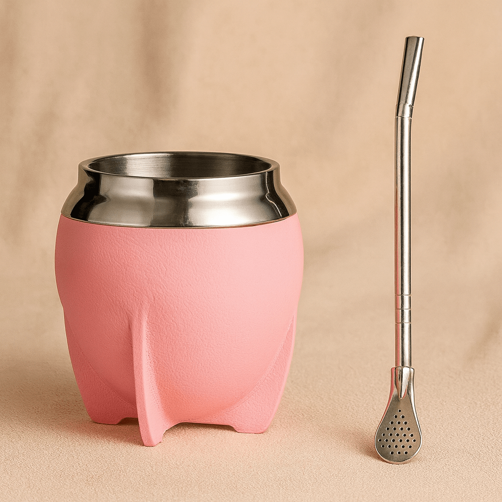 Théièrea | Kit maté inox isolant 280 ml avec bombilla et effet cuir Rose