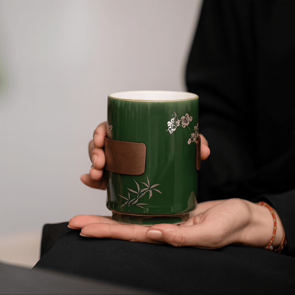 Théièrea® | Tasse à thé en porcelaine avec anneau en bois Vert
