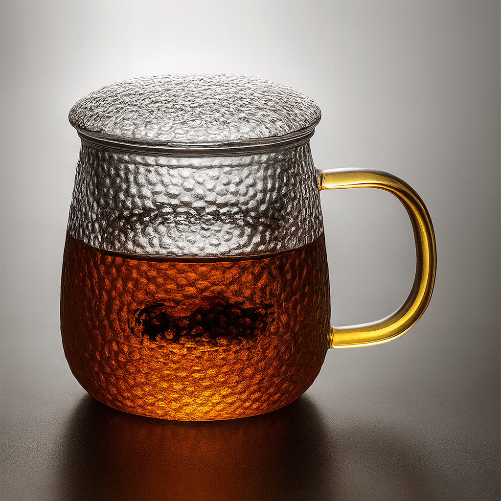 Théièrea® | Tasse à thé en verre martelé avec couvercle et filtre