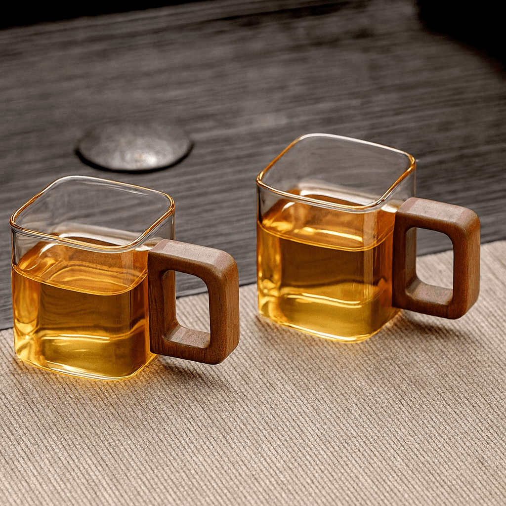 TH® | Tasse à thé carrée en verre borosilicate avec poignée en bois 90 ml