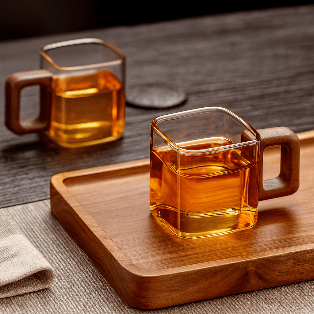 TH® | Tasse à thé carrée en verre borosilicate avec poignée en bois 90 ml