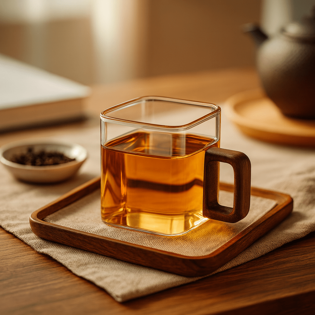 TH® | Tasse à thé carrée en verre borosilicate avec poignée en bois 90 ml
