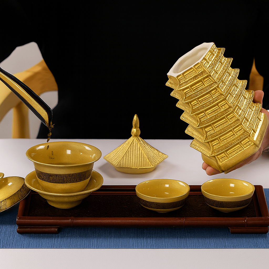 Théièrea | Boite à thé céramique pagode dorée style chinois