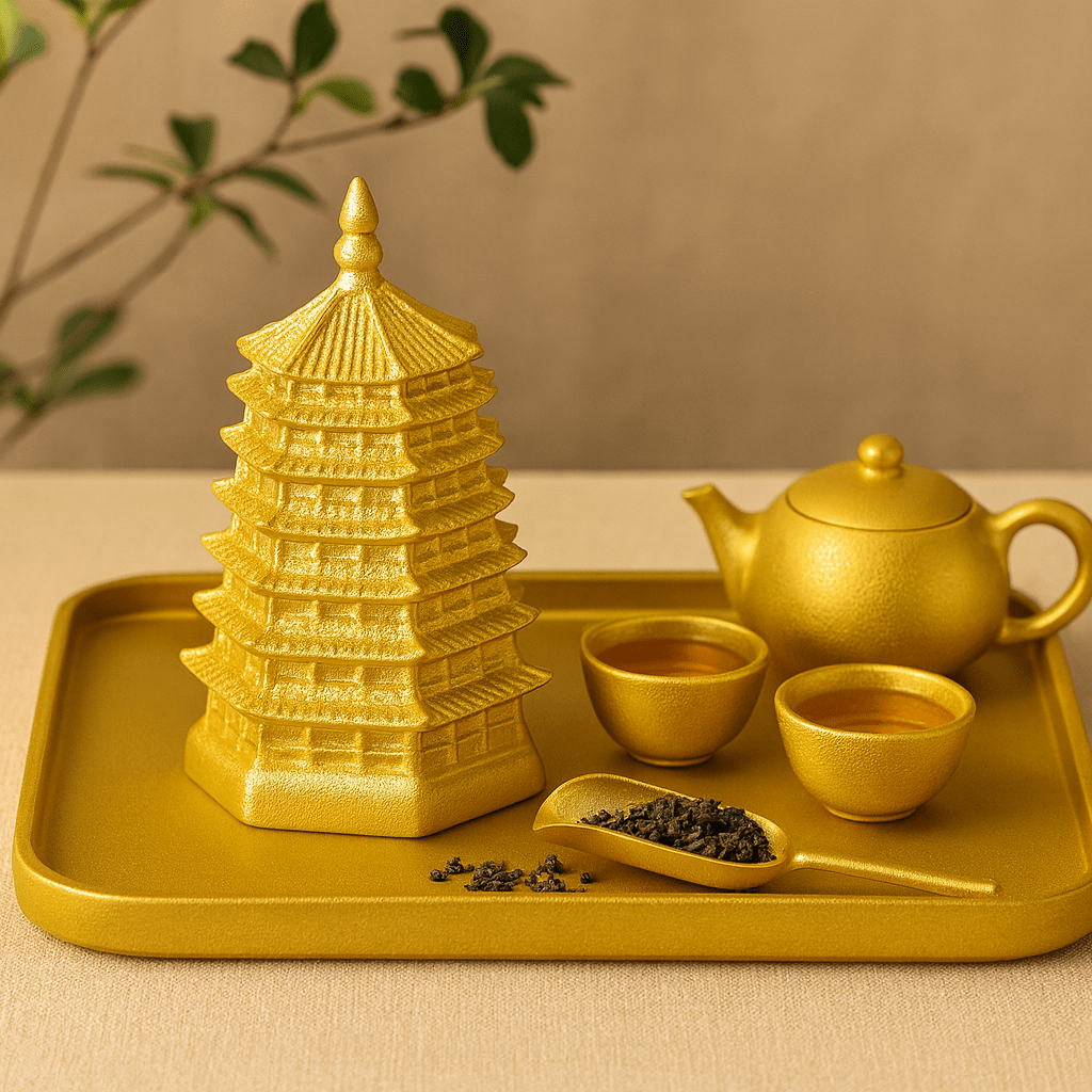 Théièrea | Boite à thé céramique pagode dorée style chinois