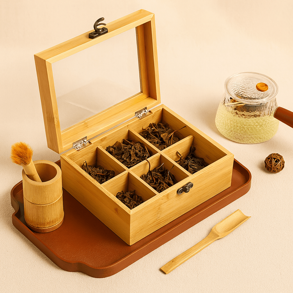 Théièrea | Boîte de rangement pour sachets de thé en bois naturel 6 compartiments