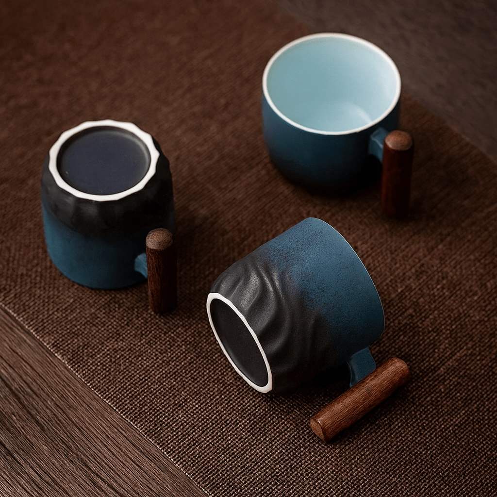 Théièrea® | Coffret 6 tasses à thé en céramique avec poignée en bois