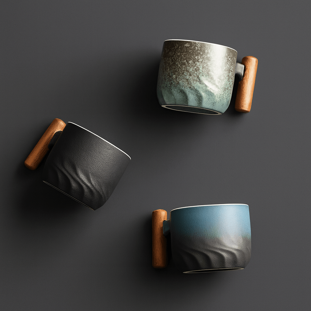 Théièrea® | Coffret 6 tasses à thé en céramique avec poignée en bois