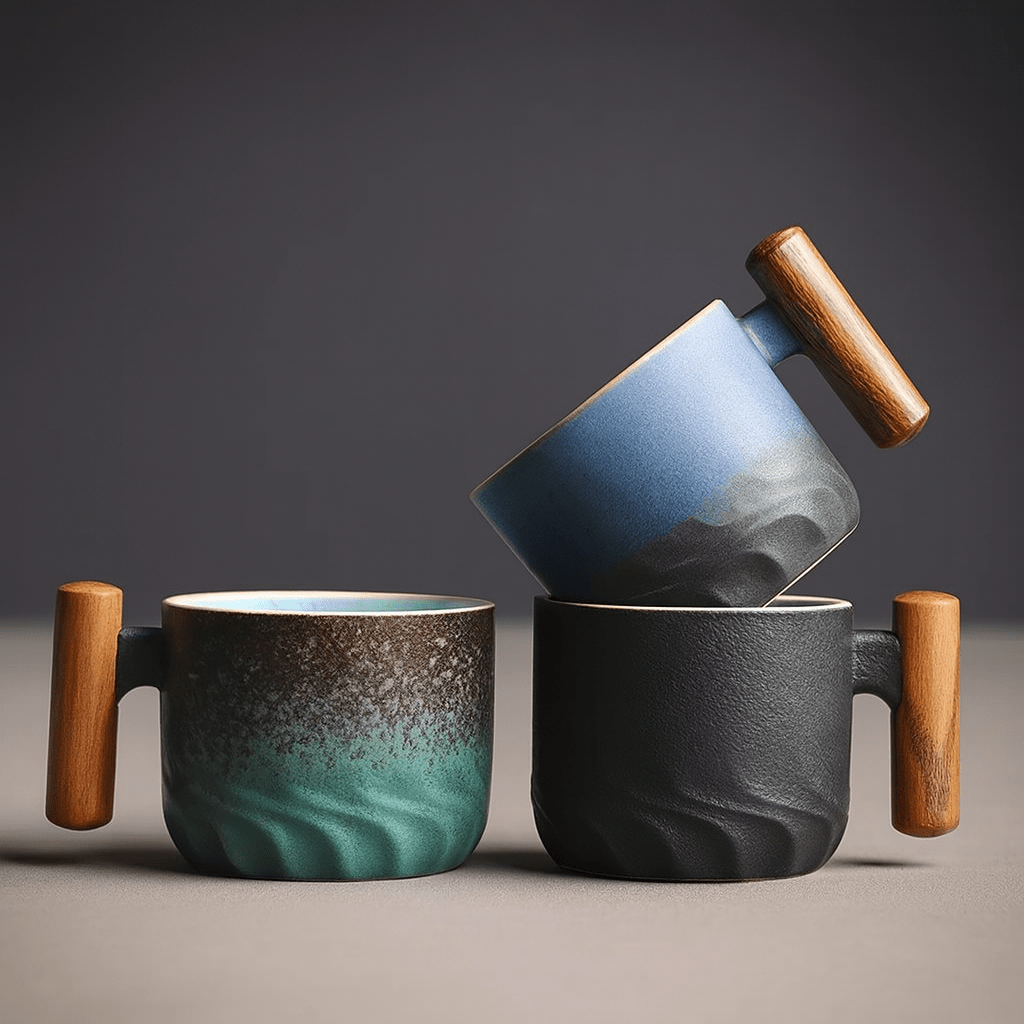 Théièrea® | Coffret 6 tasses à thé en céramique avec poignée en bois