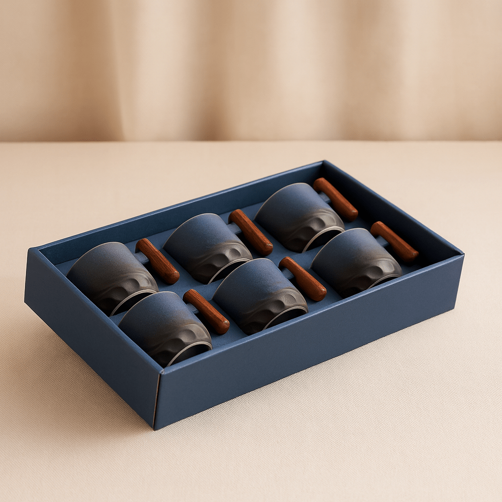 Théièrea® | Coffret 6 tasses à thé en céramique avec poignée en bois Bleu