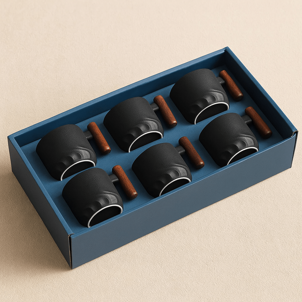 Théièrea® | Coffret 6 tasses à thé en céramique avec poignée en bois Noir