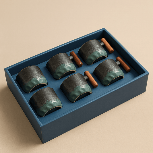 Théièrea® | Coffret 6 tasses à thé en céramique avec poignée en bois Vert