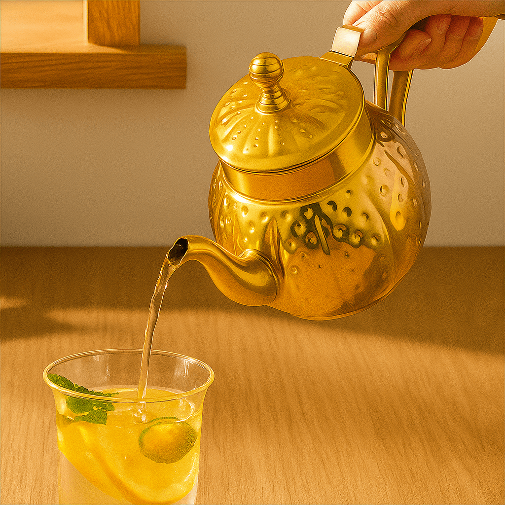 Théièrea | Qamar — Théière marocaine dorée en acier inoxydable