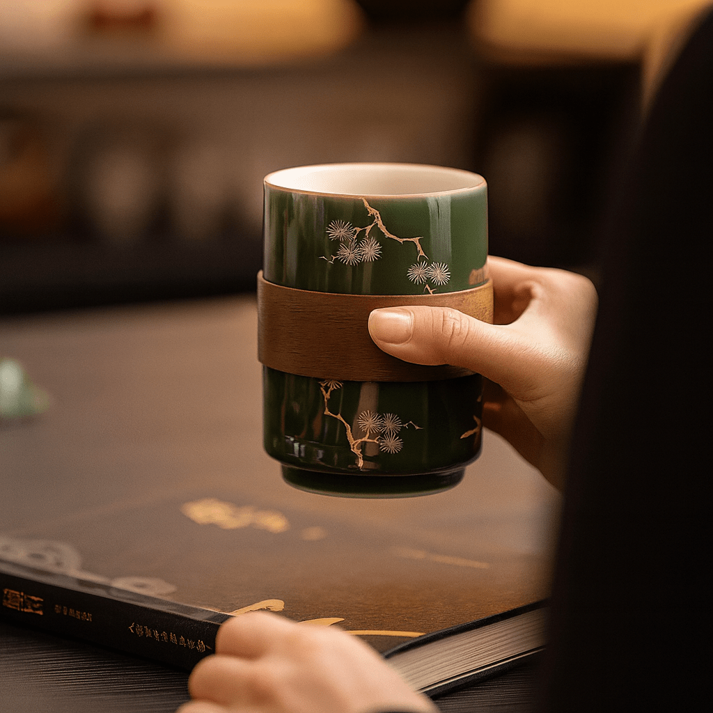 Théièrea® | Tasse à thé en porcelaine avec anneau en bois Vert