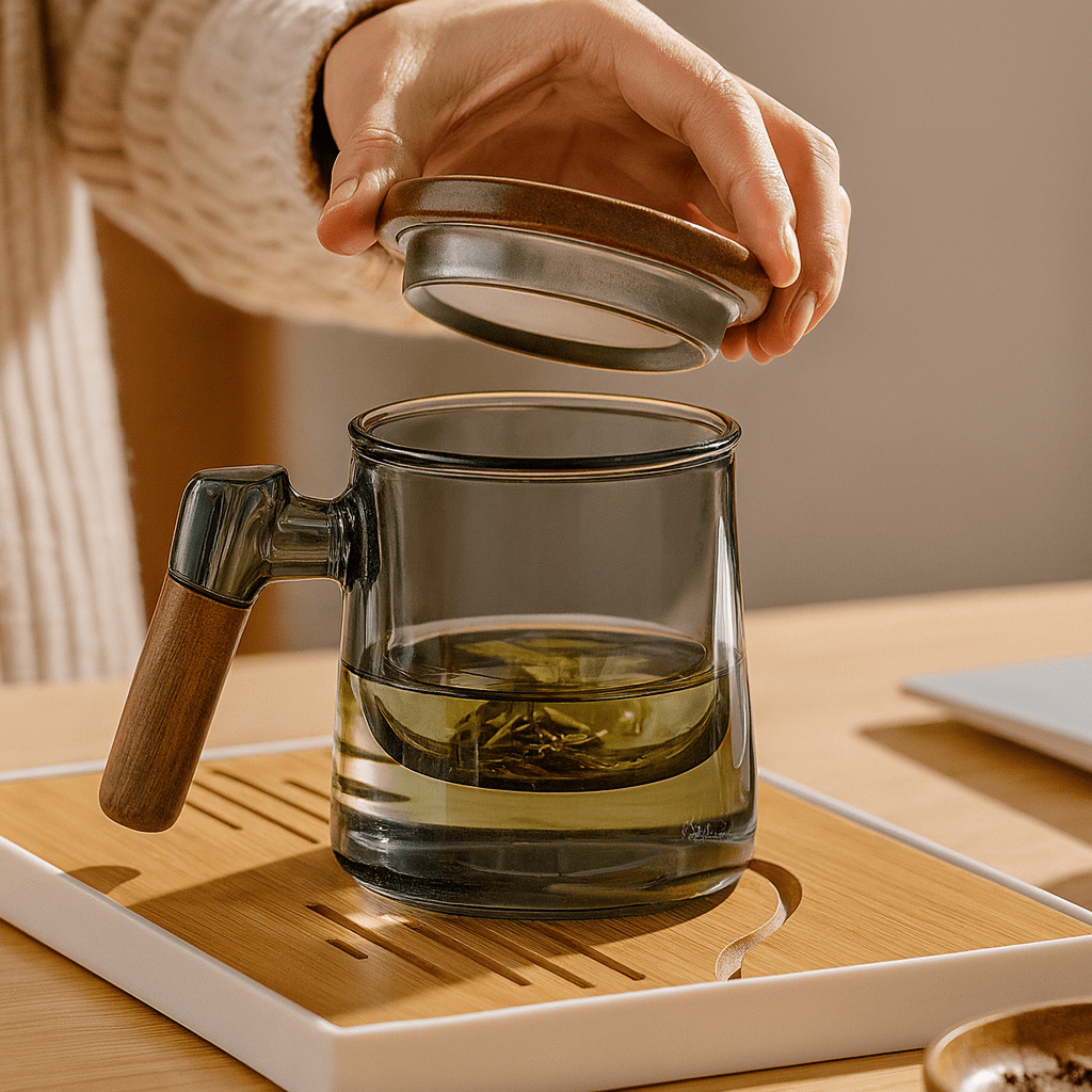 Théièrea | Tasse à thé en verre 400ml avec infuseur et couvercle bois
