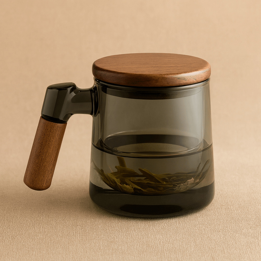 Théièrea®| Tasse à thé en verre 400ml avec infuseur et couvercle bois Gris