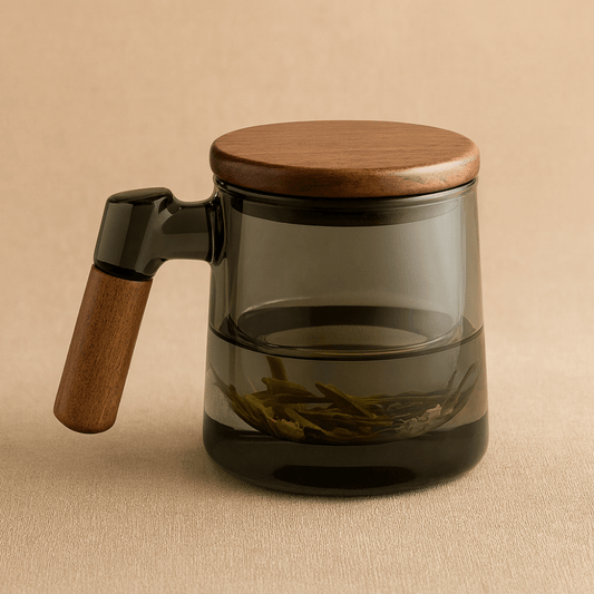 Théièrea®| Tasse à thé en verre 400ml avec infuseur et couvercle bois Gris