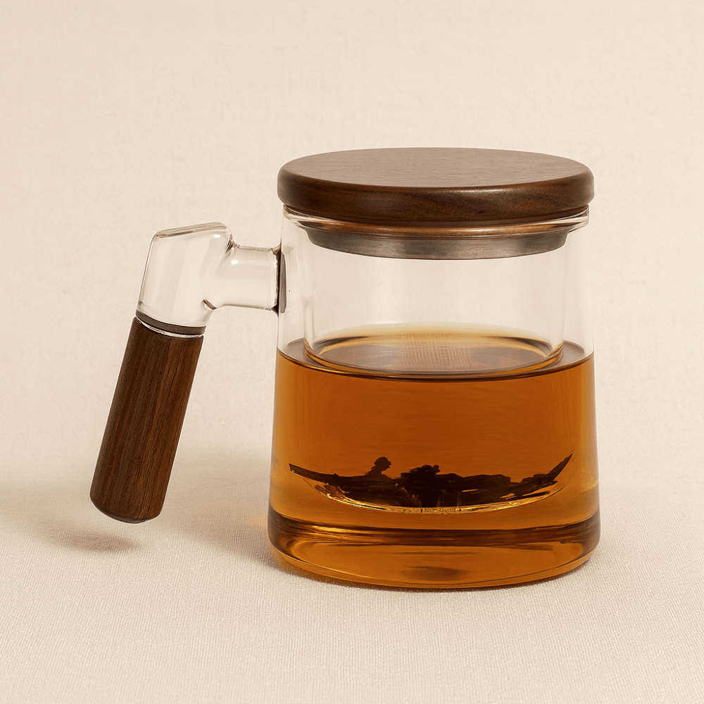 Théièrea®| Tasse à thé en verre 400ml avec infuseur et couvercle bois Transparent